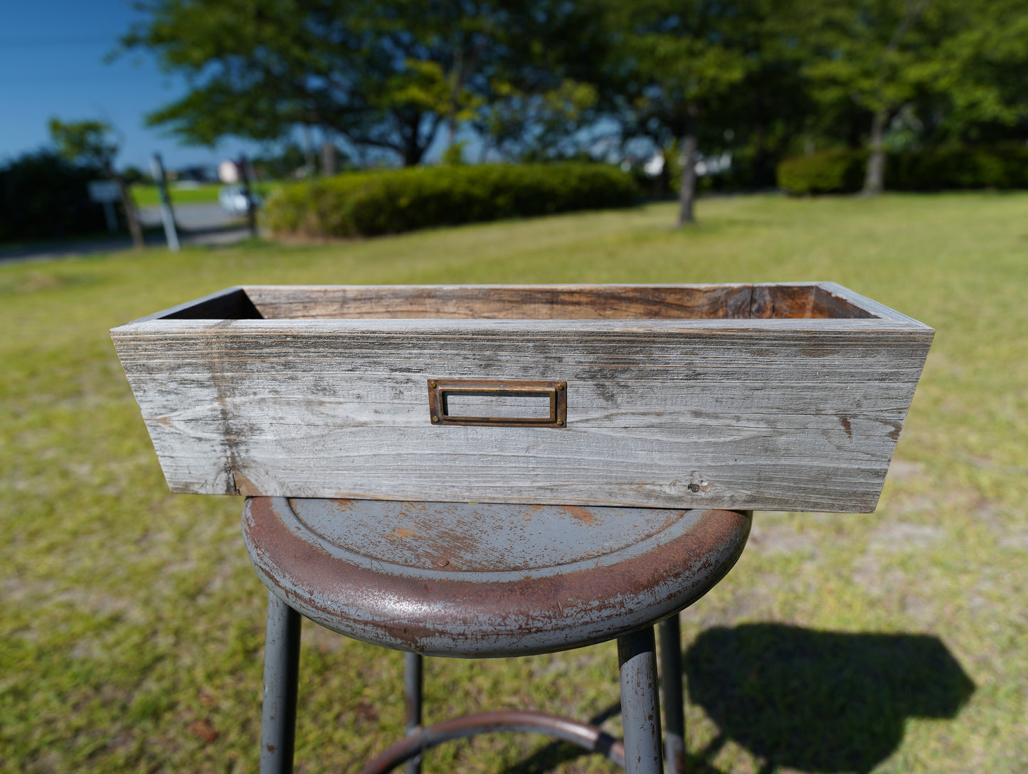 Old wood tapered planter & vintage nametag #17