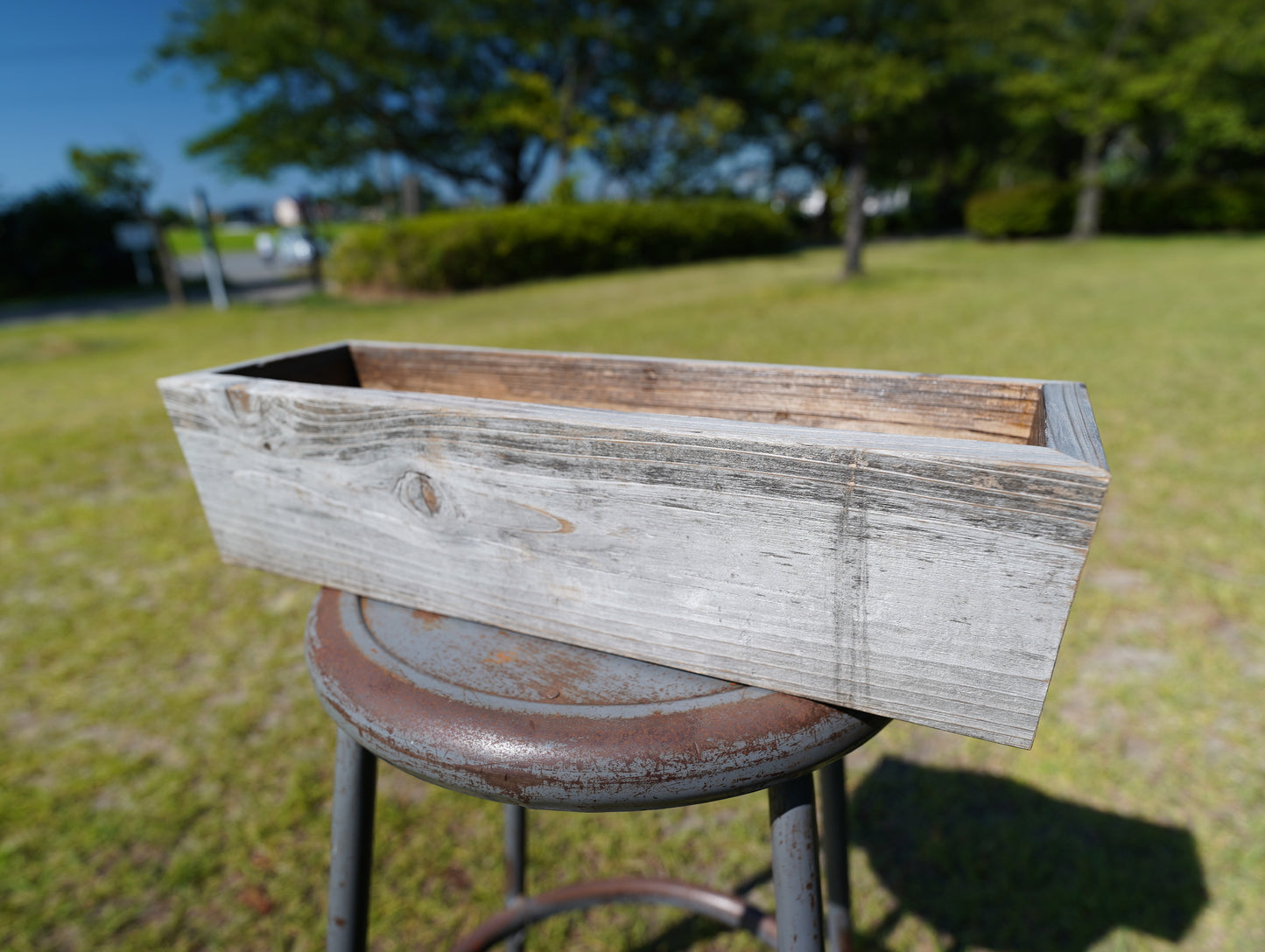 Old wood tapered planter & vintage nametag #17