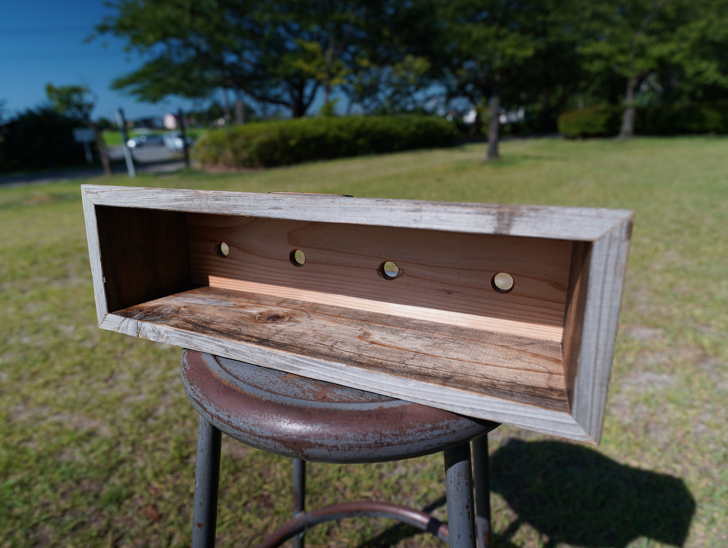 Old wood tapered planter & vintage nametag #17