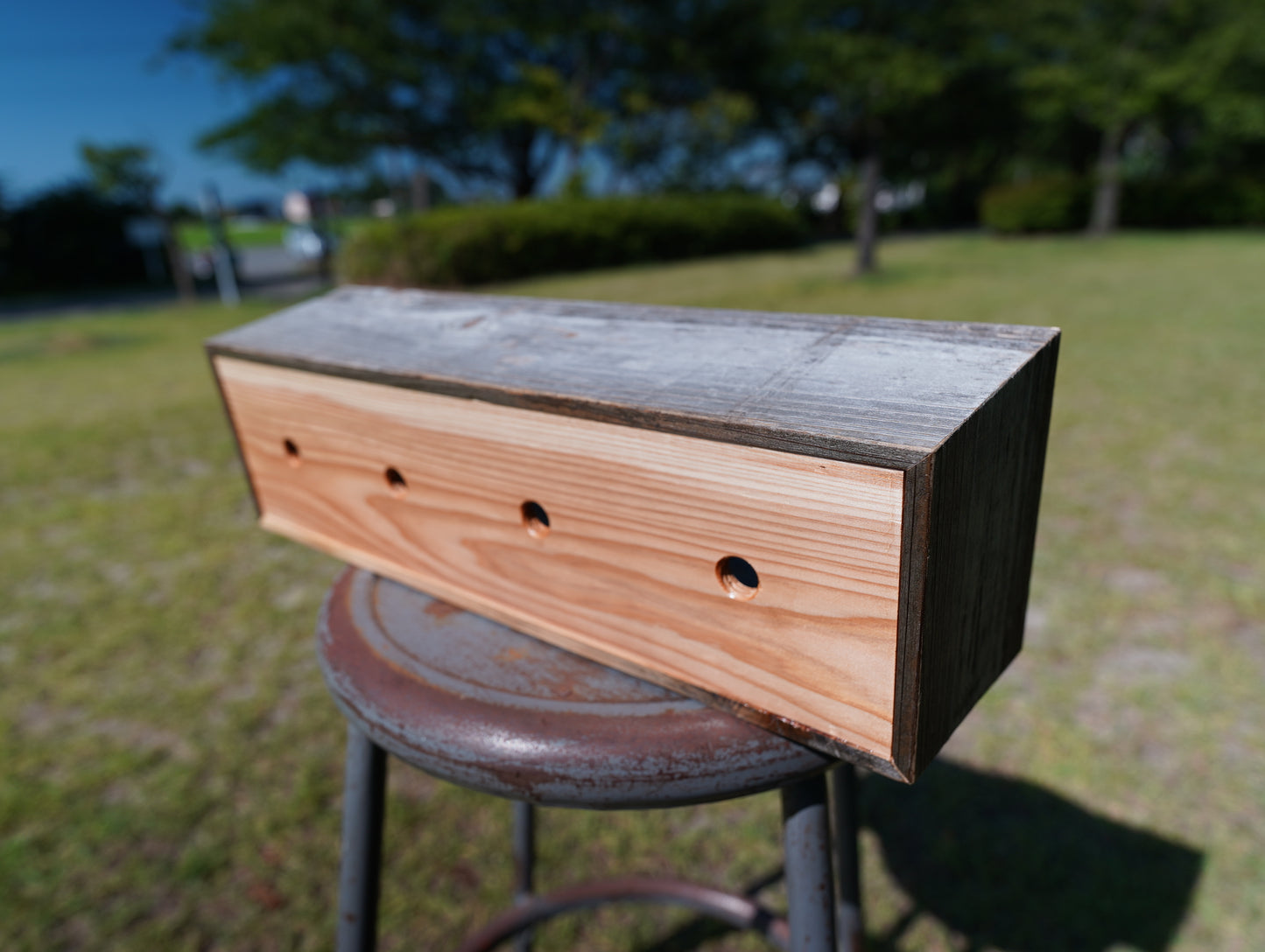 Old wood tapered planter & vintage nametag #17