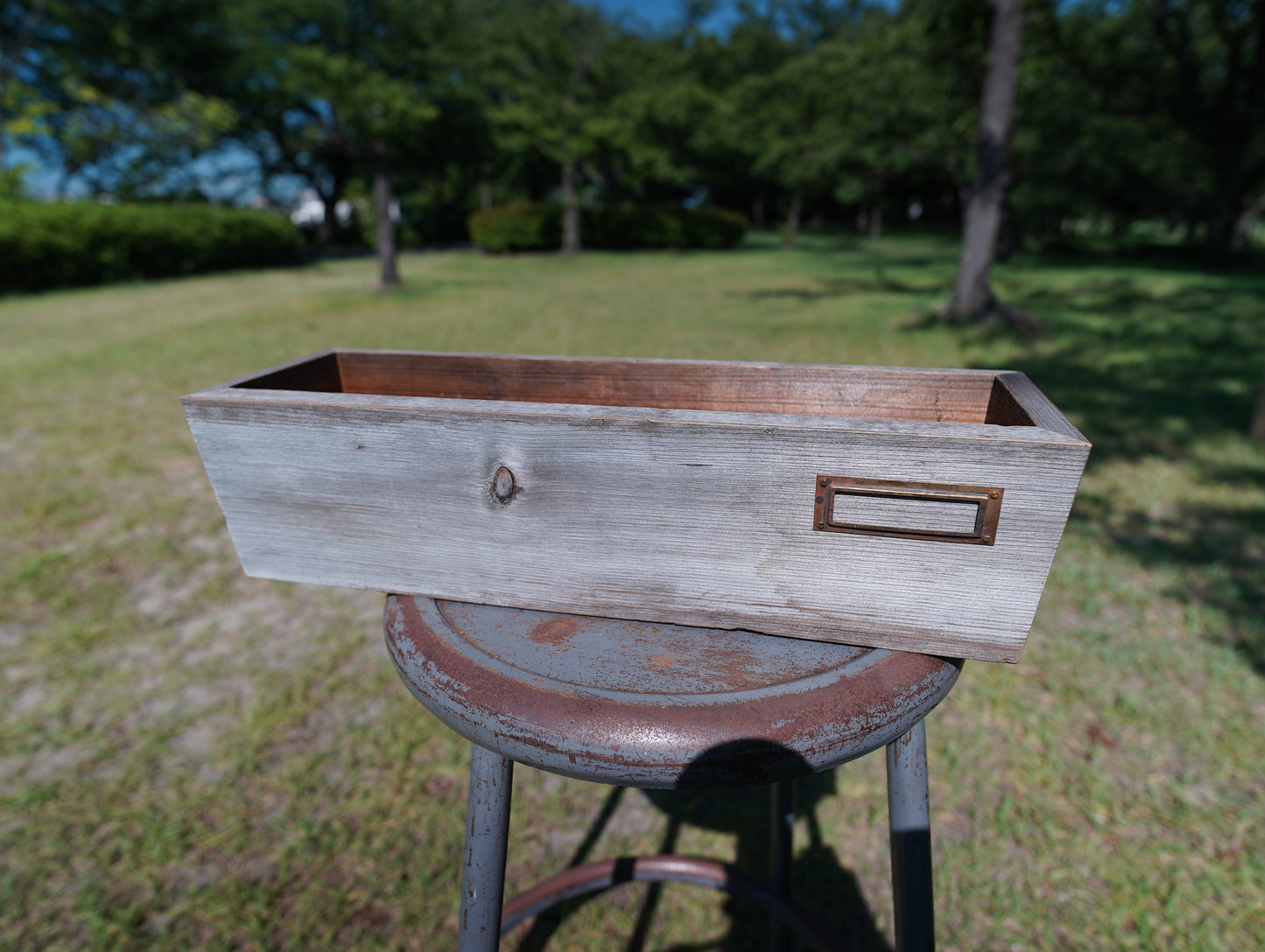 Old wood tapered planter & vintage nametag #18