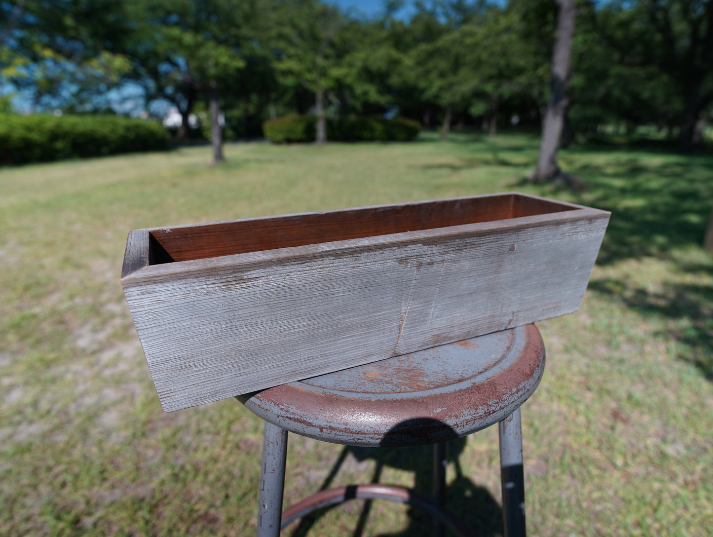 Old wood tapered planter & vintage nametag #18