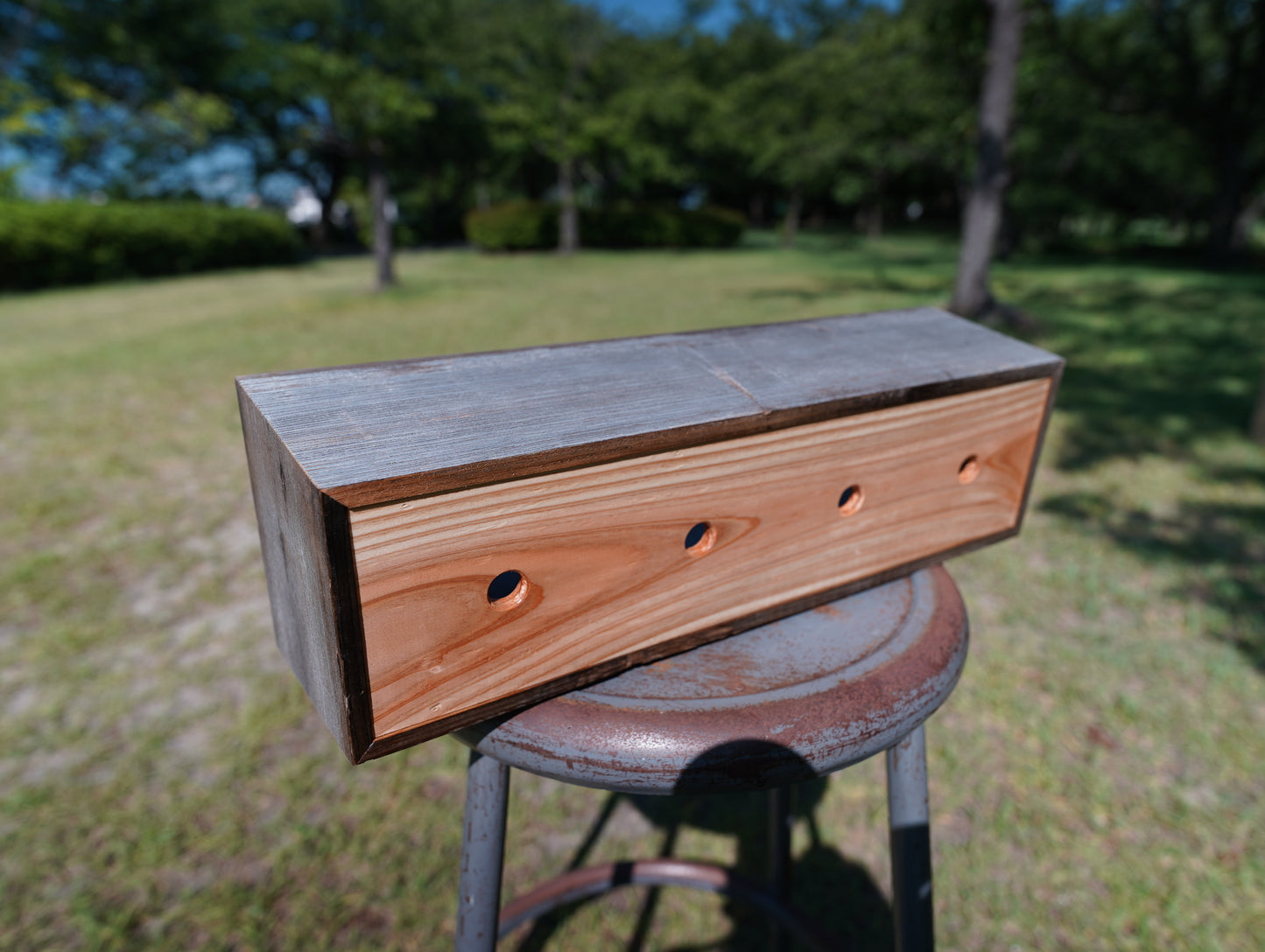 Old wood tapered planter & vintage nametag #18