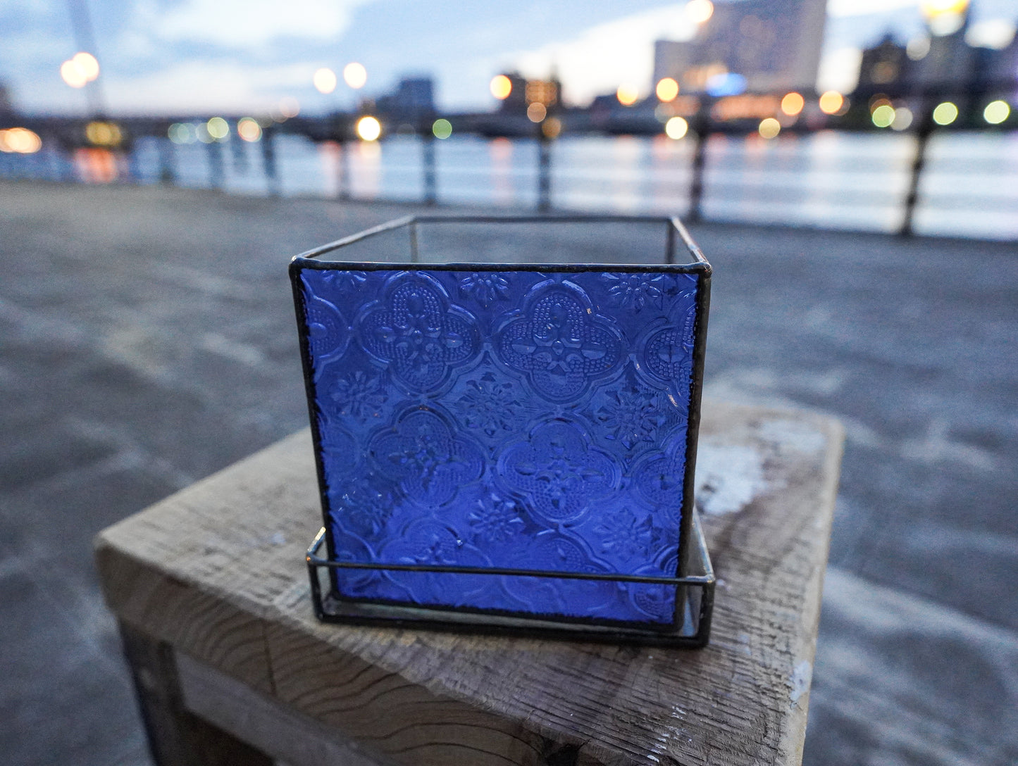 Glass Planter square flora blue BF & saucer #30